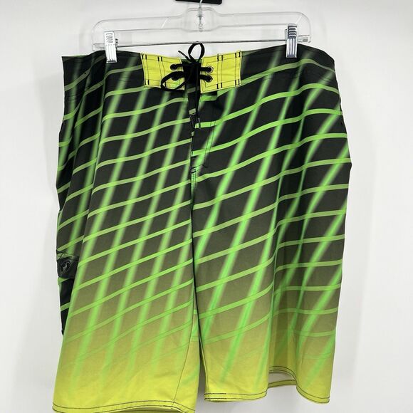Mens Hang Ten Neon Green Black Swim Trunks 36 Pockets Beach Vacation Cruise - Picture 1 of 10
